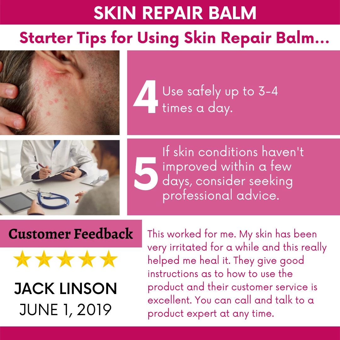 Instructions for using Dr. Cole's Organic Skin Repair Herbal Balm with customer feedback on a pink background