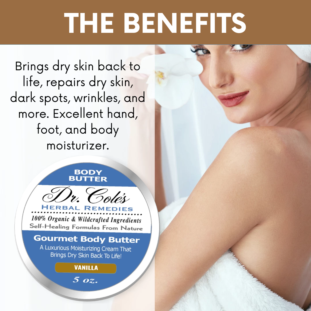 The benefits of Dr. Cole's Herbal Remedies Gourmet Body Butter Vanilla.