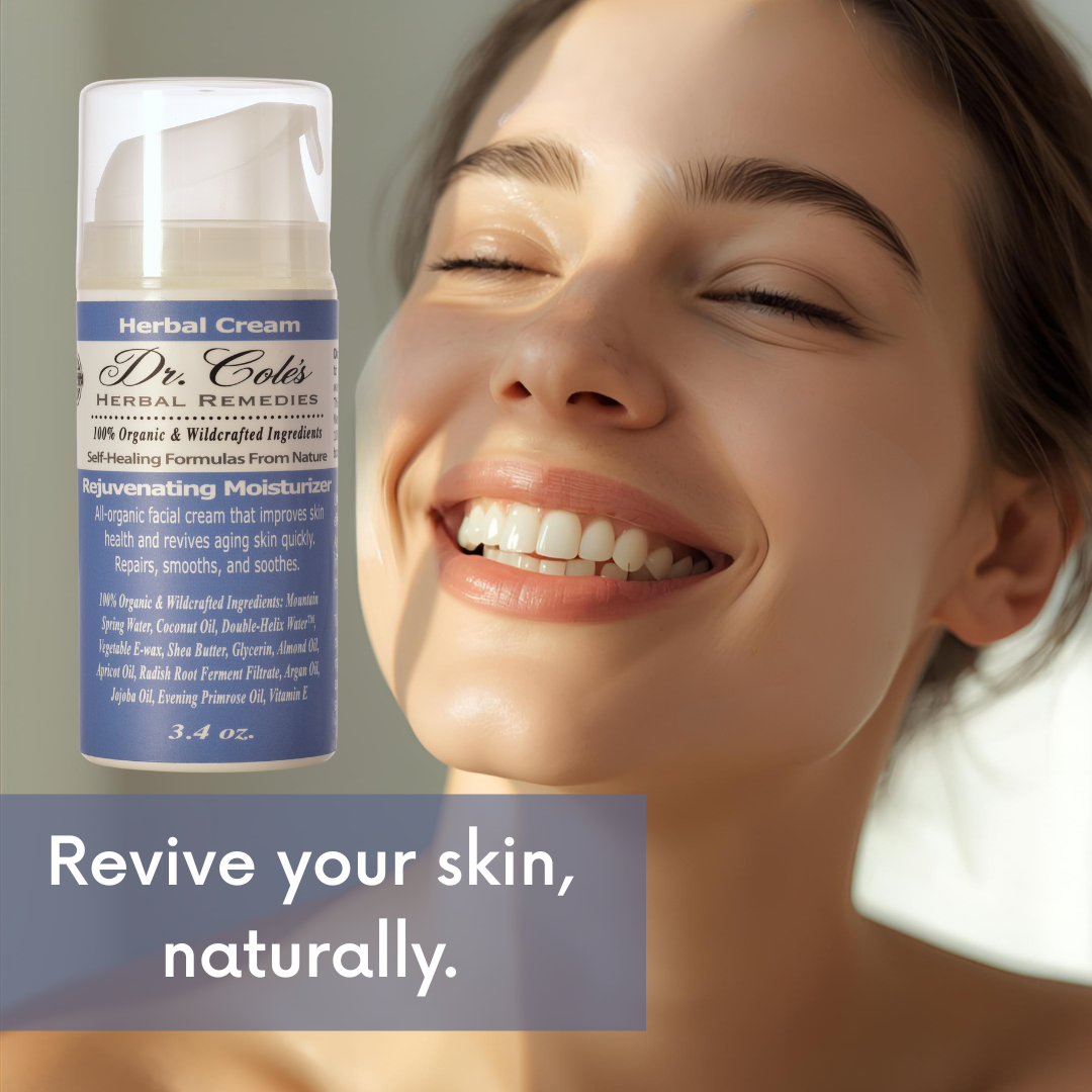 Dr. Cole's Herbal Remedies Rejuvenating Moisturizer with a smiling woman and text 'Revive your skin, naturally.'