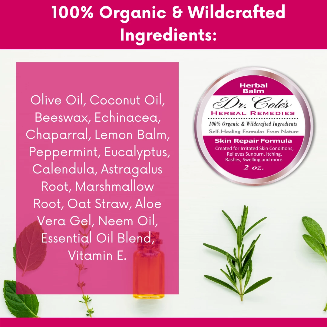 Dr. Cole's Organic Skin Repair Herbal Balm with a list of organic and wildcrafted ingredients on a pink background