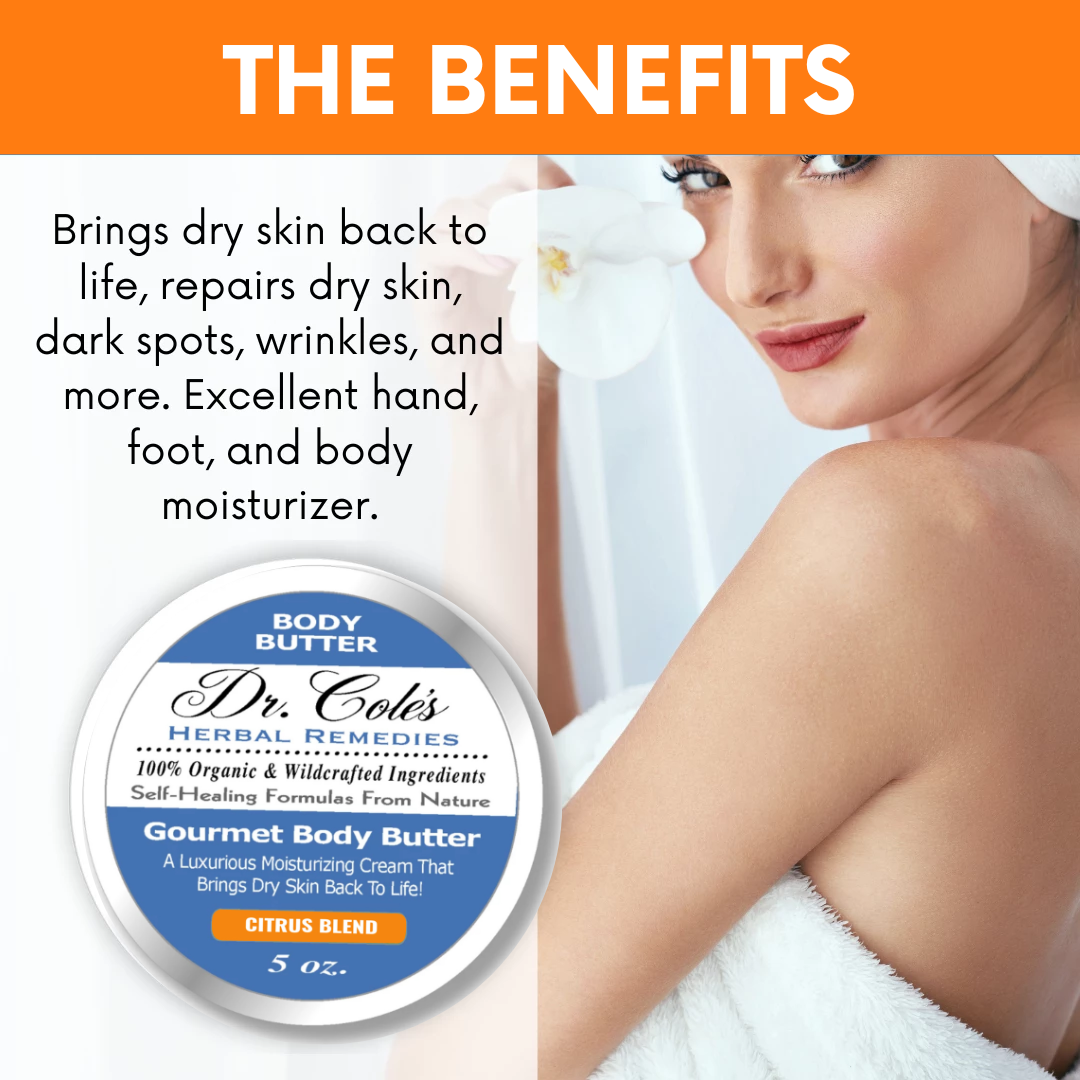 The benefits of Dr. Cole's Herbal Remedies Gourmet Body Butter Citrus Blend.