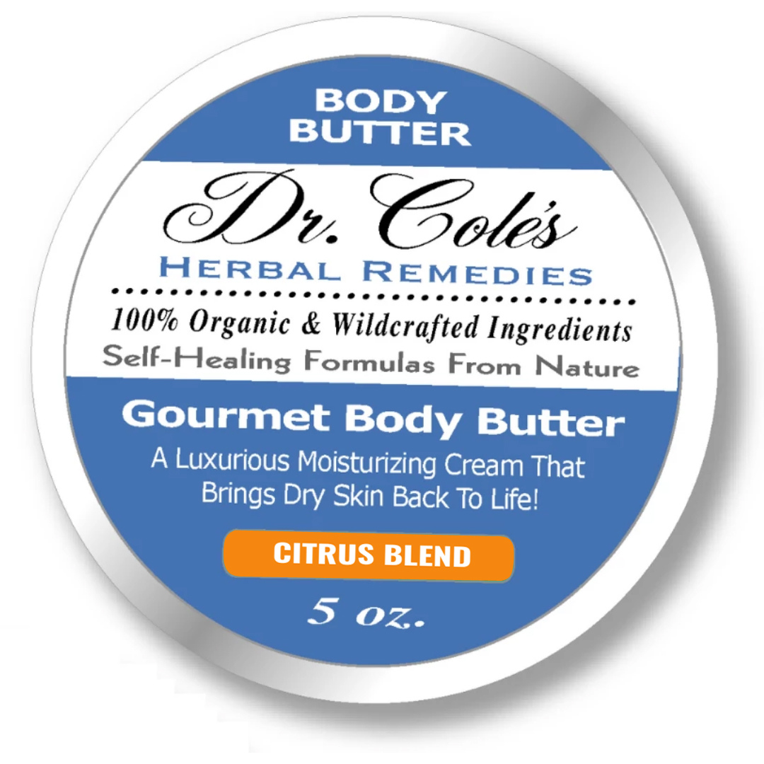 Dr. Cole's Herbal Remedies Gourmet Body Butter Citrus Blend container with blue and white label.