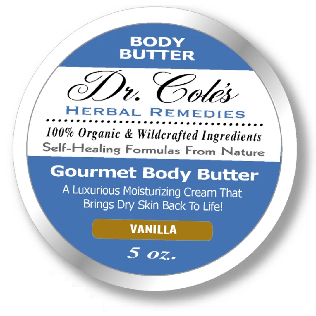 Dr. Cole's Herbal Remedies Gourmet Body Butter Vanilla container with vanilla flavor on a white background