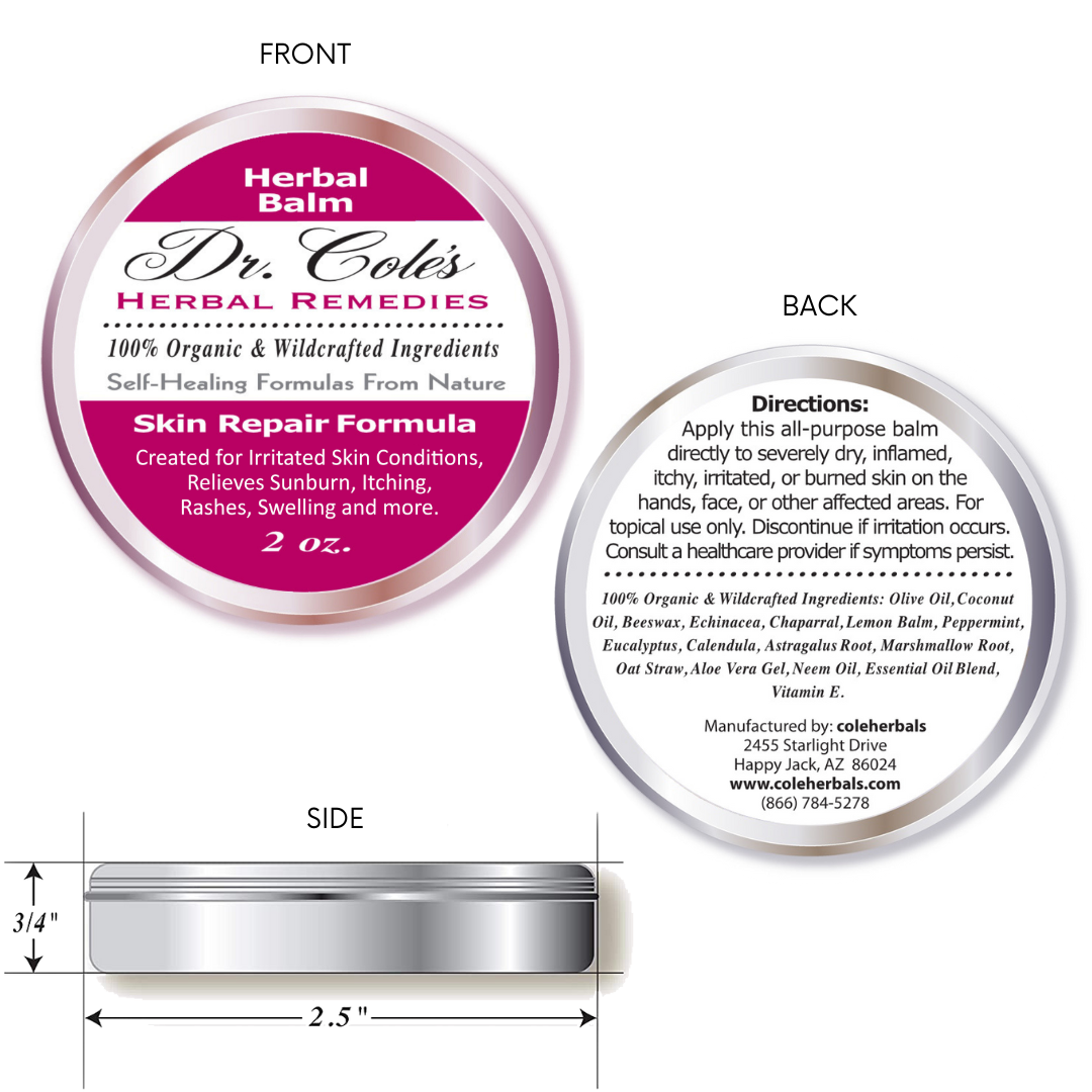 Dr. Cole's Organic Skin Repair Herbal Balm packaging with front, back, and side views.