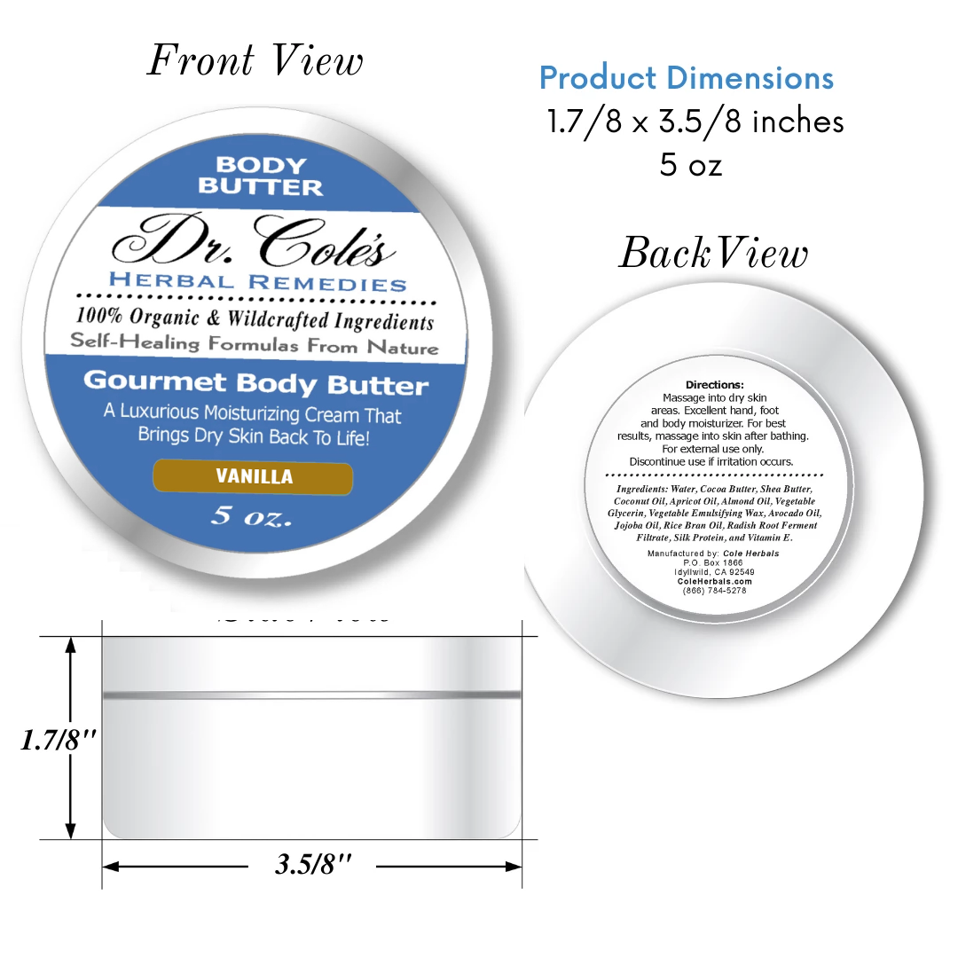 Dr. Cole's Herbal Remedies Gourmet Body Butter Vanilla product dimensions.