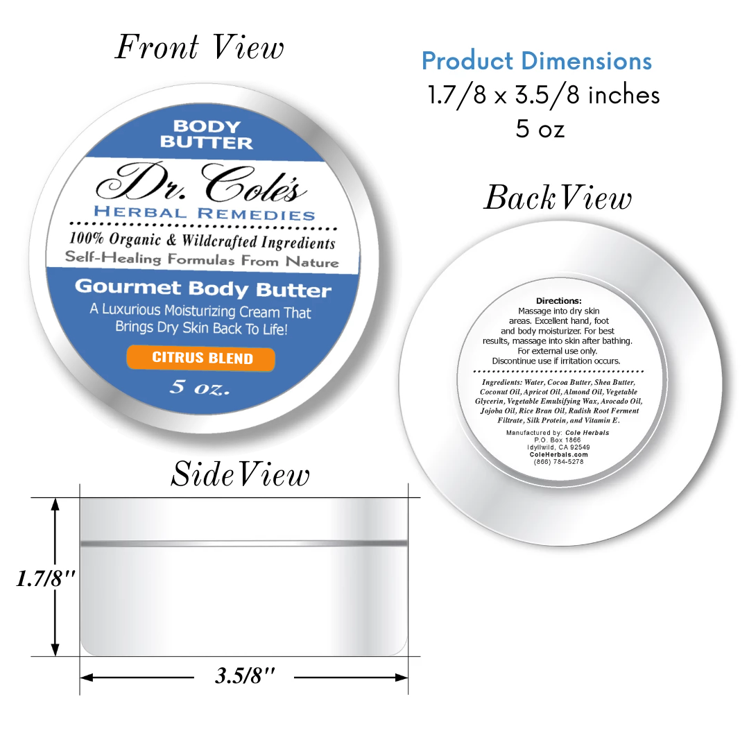 Dr. Cole's Herbal Remedies Gourmet Body Butter Citrus Blend product dimensions.