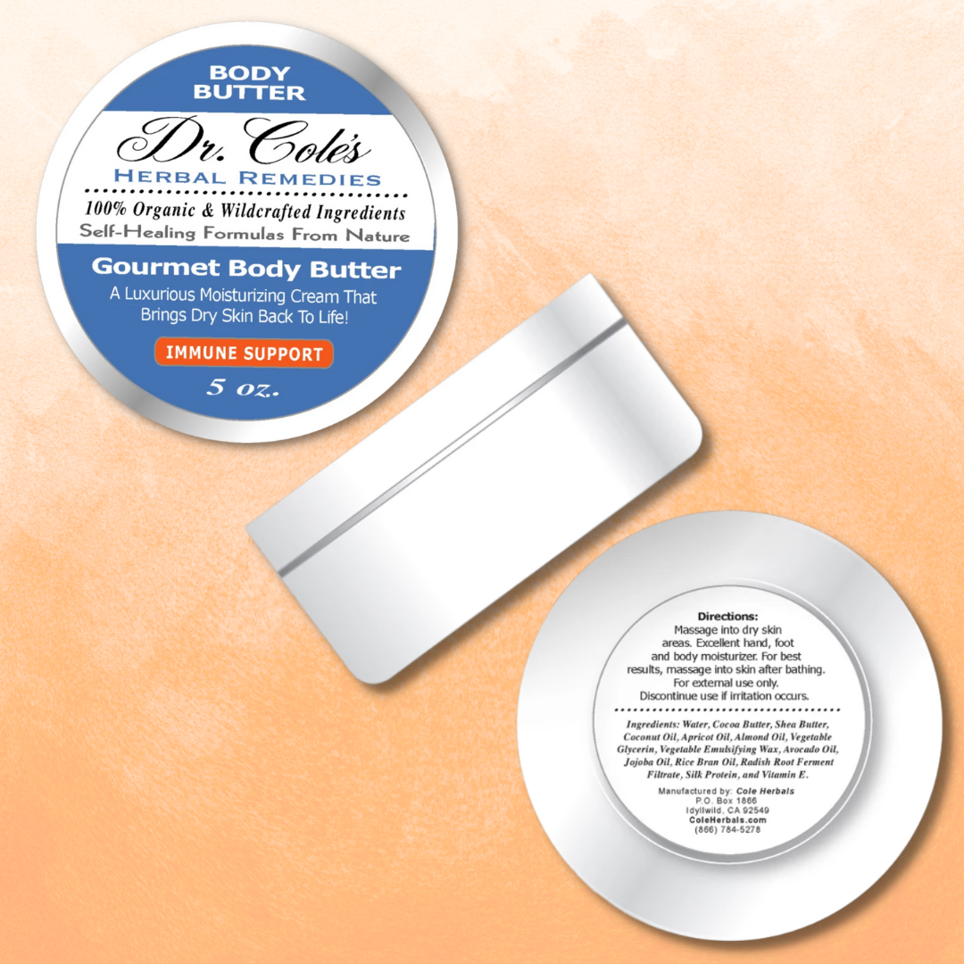 Dr. Cole's Herbal Remedies Body Butter Immune Support top, side and bottom views.