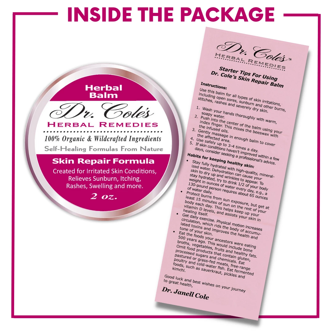 Dr. Cole's Organic Skin Repair Herbal Balm with starter tips instructions on a white background