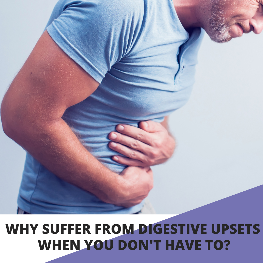 Person holding their stomach with text about digestive issues on a light blue background for Dr. Cole's Herbal Digestive Support Balm