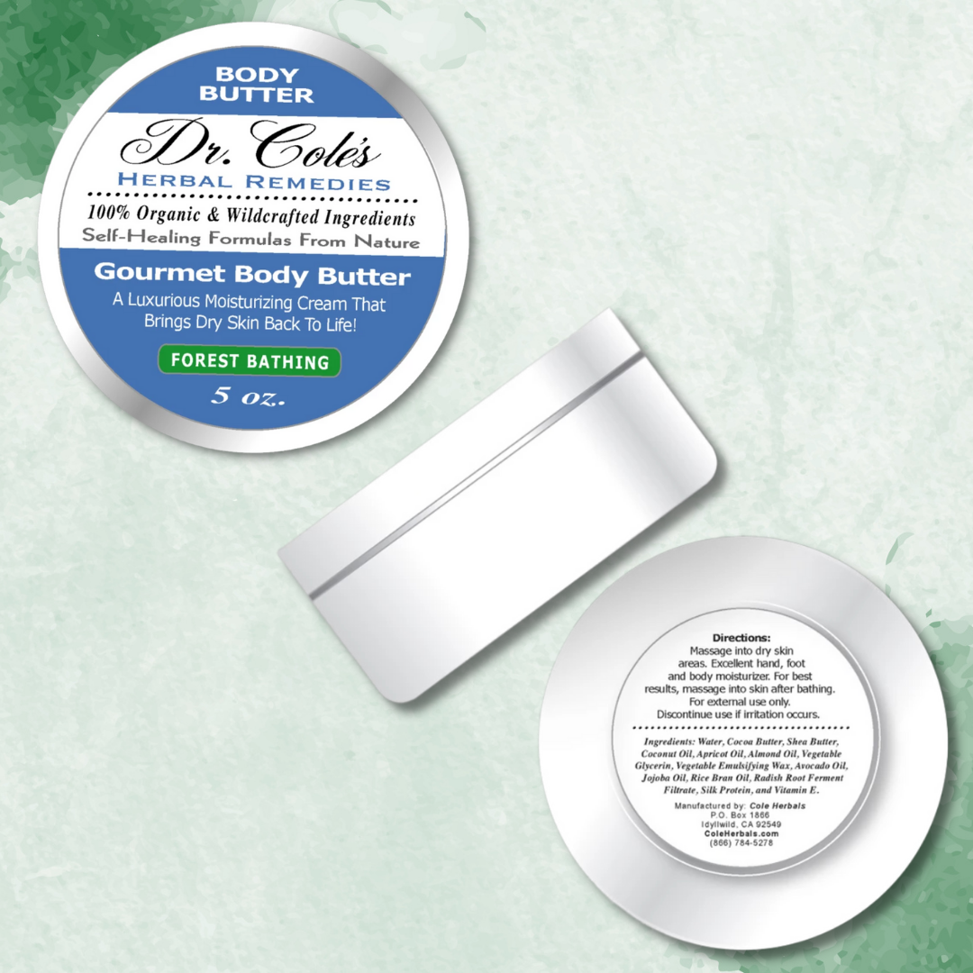 Dr. Cole's Herbal Remedies Gourmet Body Butter Forest Bathing product front, side and bottom views.