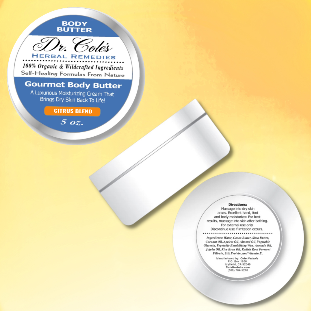 Dr. Cole's Herbal Remedies Gourmet Body Butter Citrus Blend top, side and bottom views.