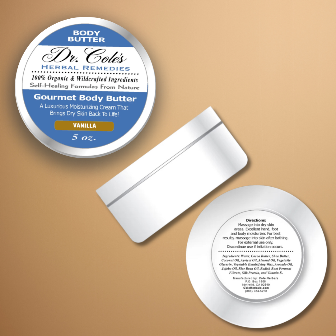 Dr. Cole's Herbal Remedies Gourmet Body Butter Vanilla top, side and bottom views.