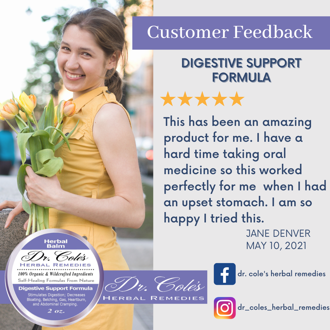 Woman holding flowers withDr. Cole's Herbal Digestive Support Balm and customer feedback on a white background