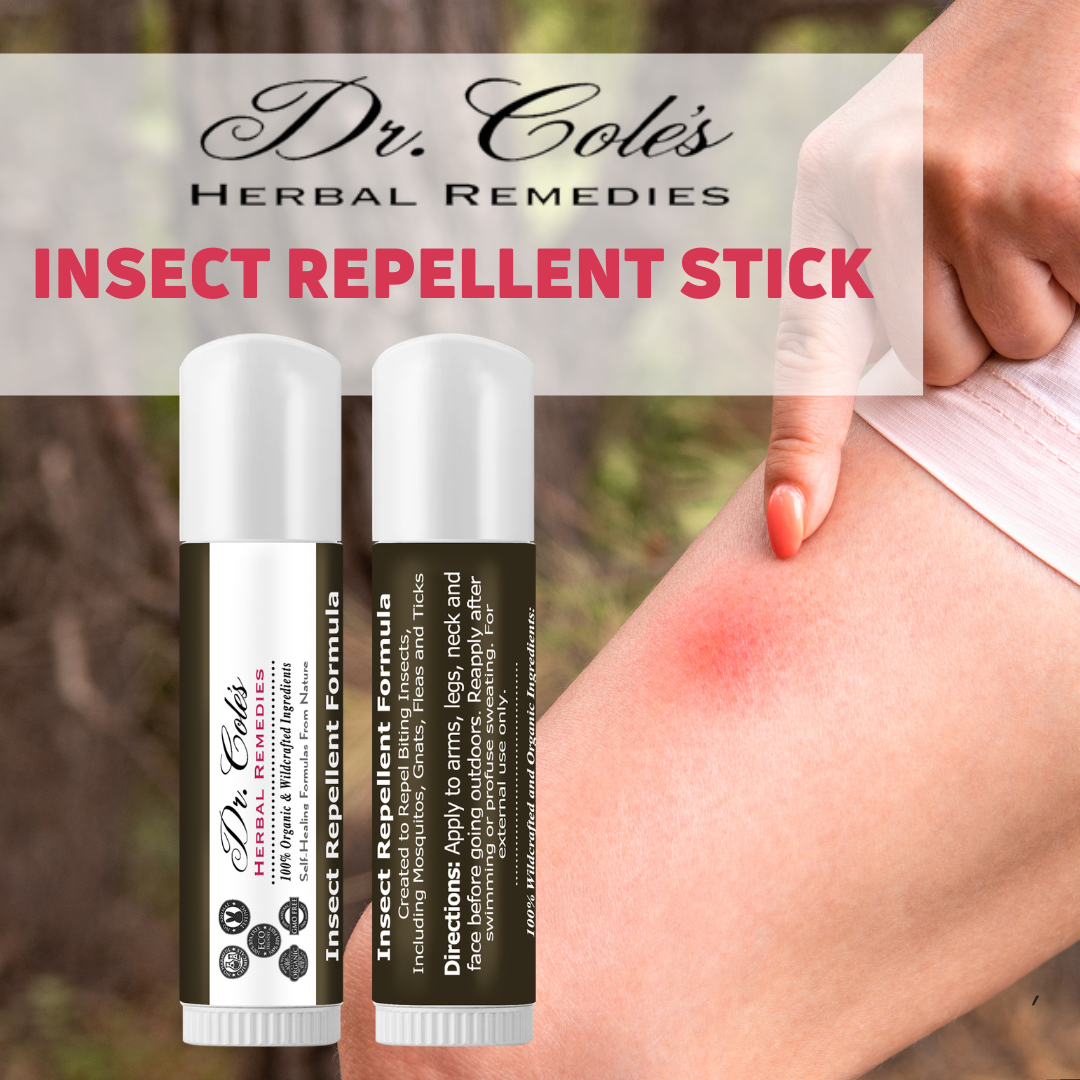 Dr. Cole's Herbal Remedies Insect Repellent Stick with a leg showing an insect bite mark.