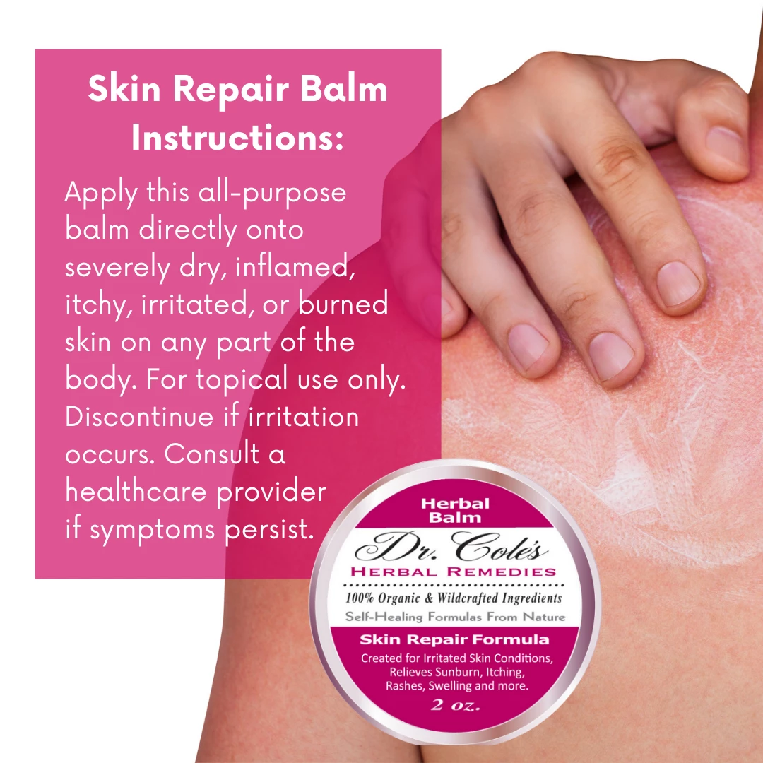 Dr. Cole's Herbal Remedies Skin Repair Balm with application instructions on a pink background