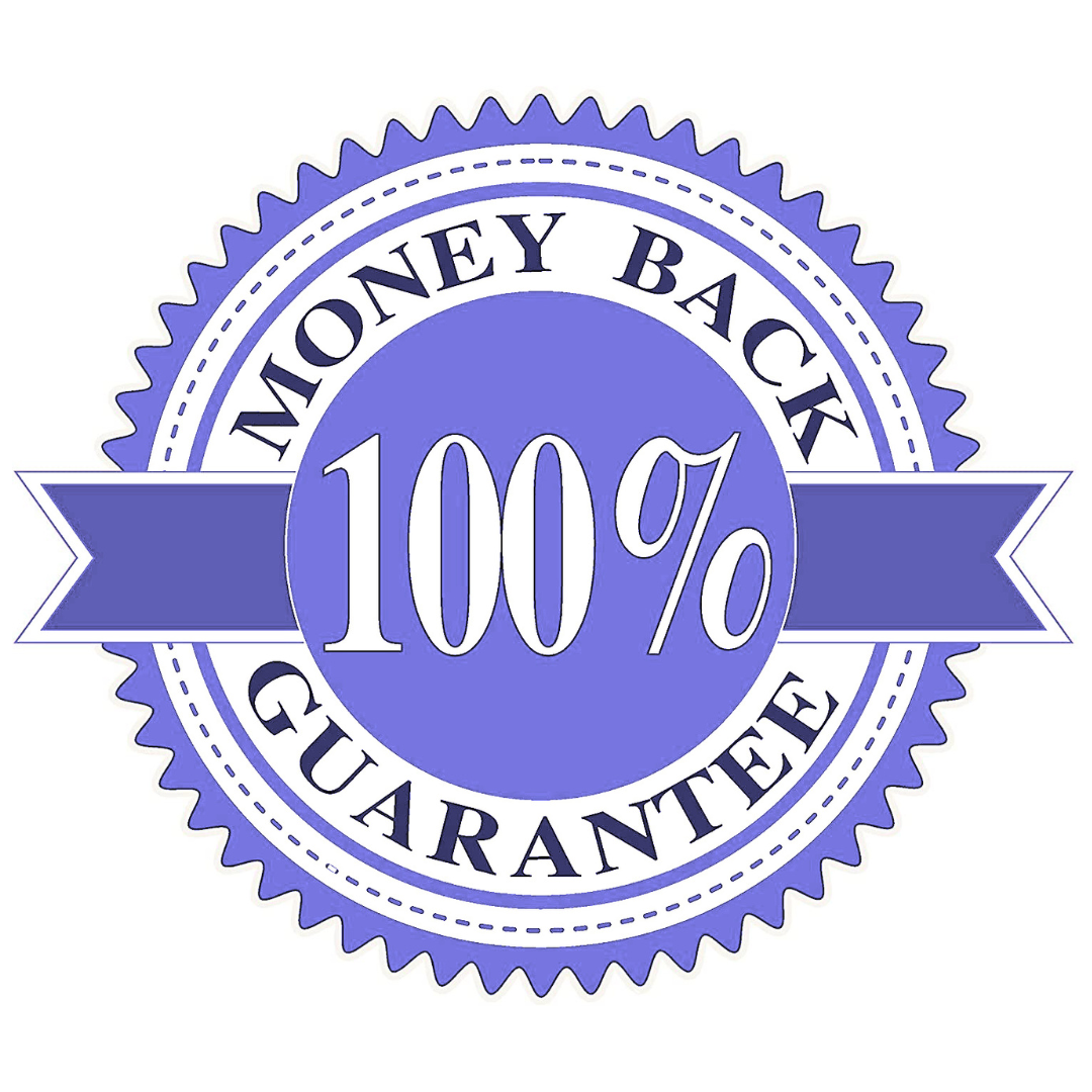 100% money back guarantee badge with blue and white colors on a white background