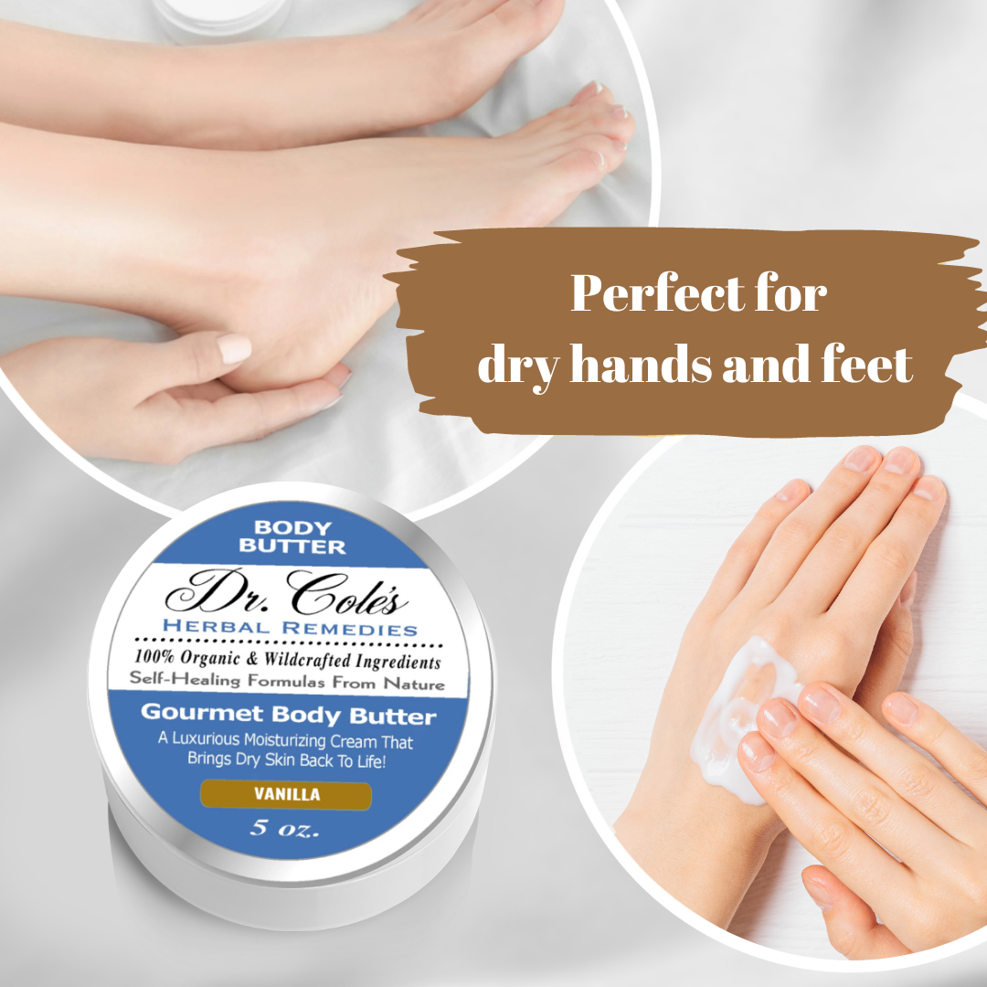 Dr. Cole's Herbal Remedies Gourmet Body Butter Vanilla is perfect for dry hands and feet.