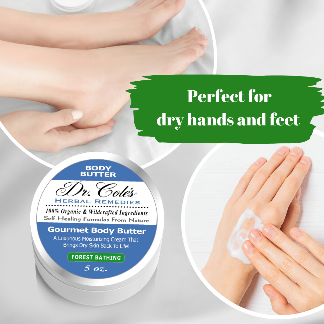 Dr. Cole's Herbal Remedies Gourmet Body Butter Forest Bathing is perfect for dry hands and feet.