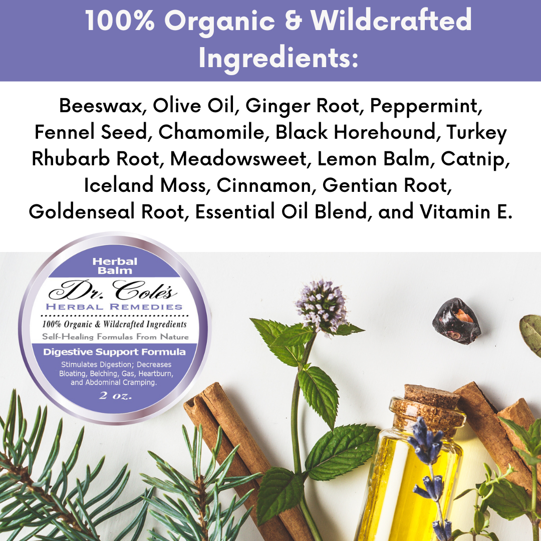 Dr. Cole's Herbal Digestive Support Balm with organic ingredients listed on a white background