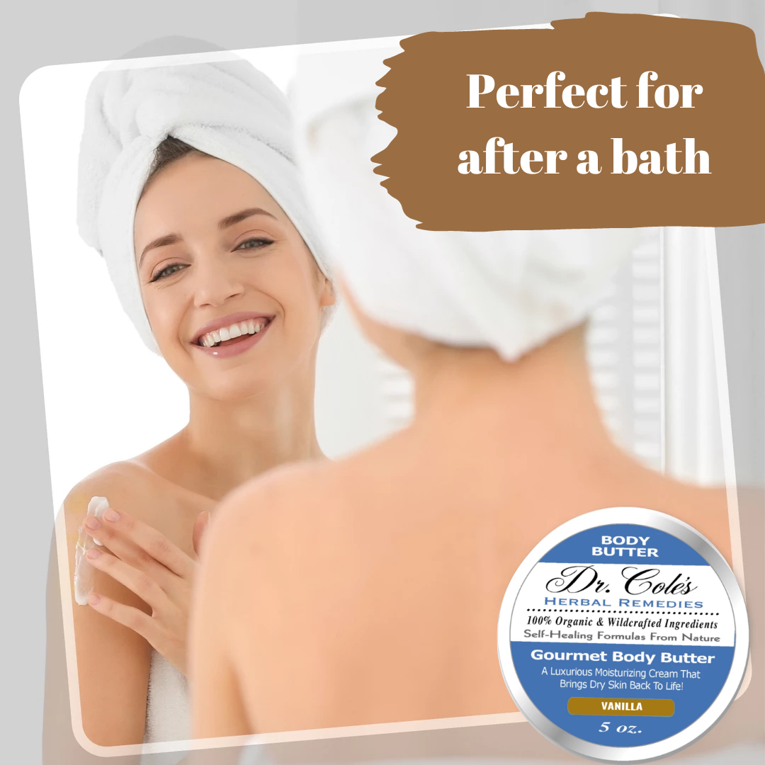 Dr. Cole's Herbal Remedies Gourmet Body Butter Vanilla is perfect for after a bath.