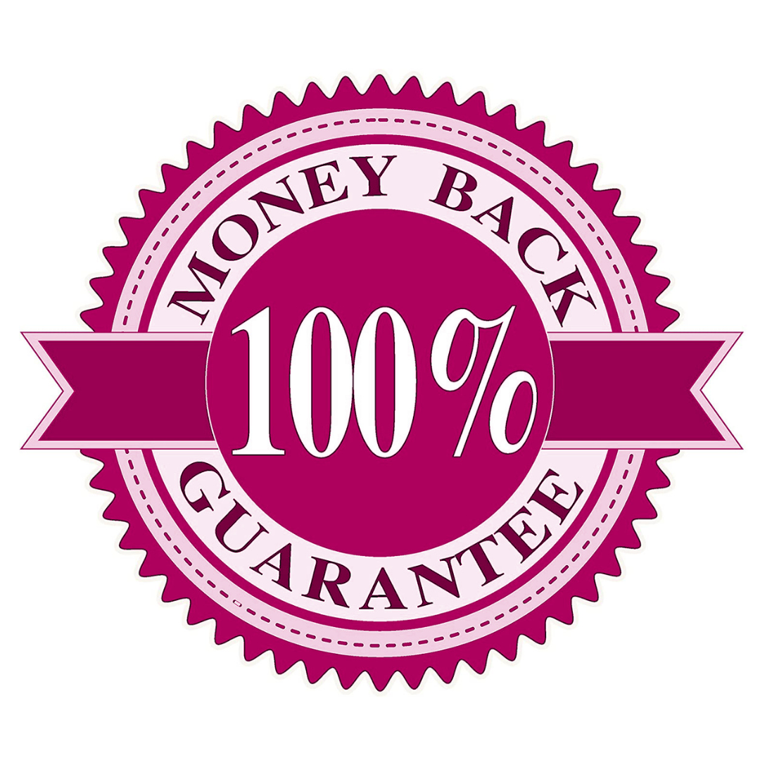 100% money back guarantee badge in pink on a white background
