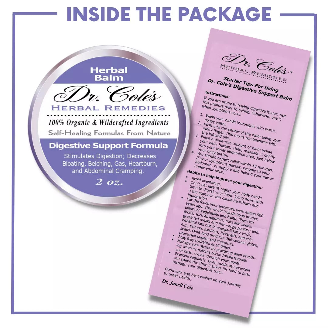 Dr. Cole's Herbal Remedies Digestive Support balm with starter tips instructions on a white background
