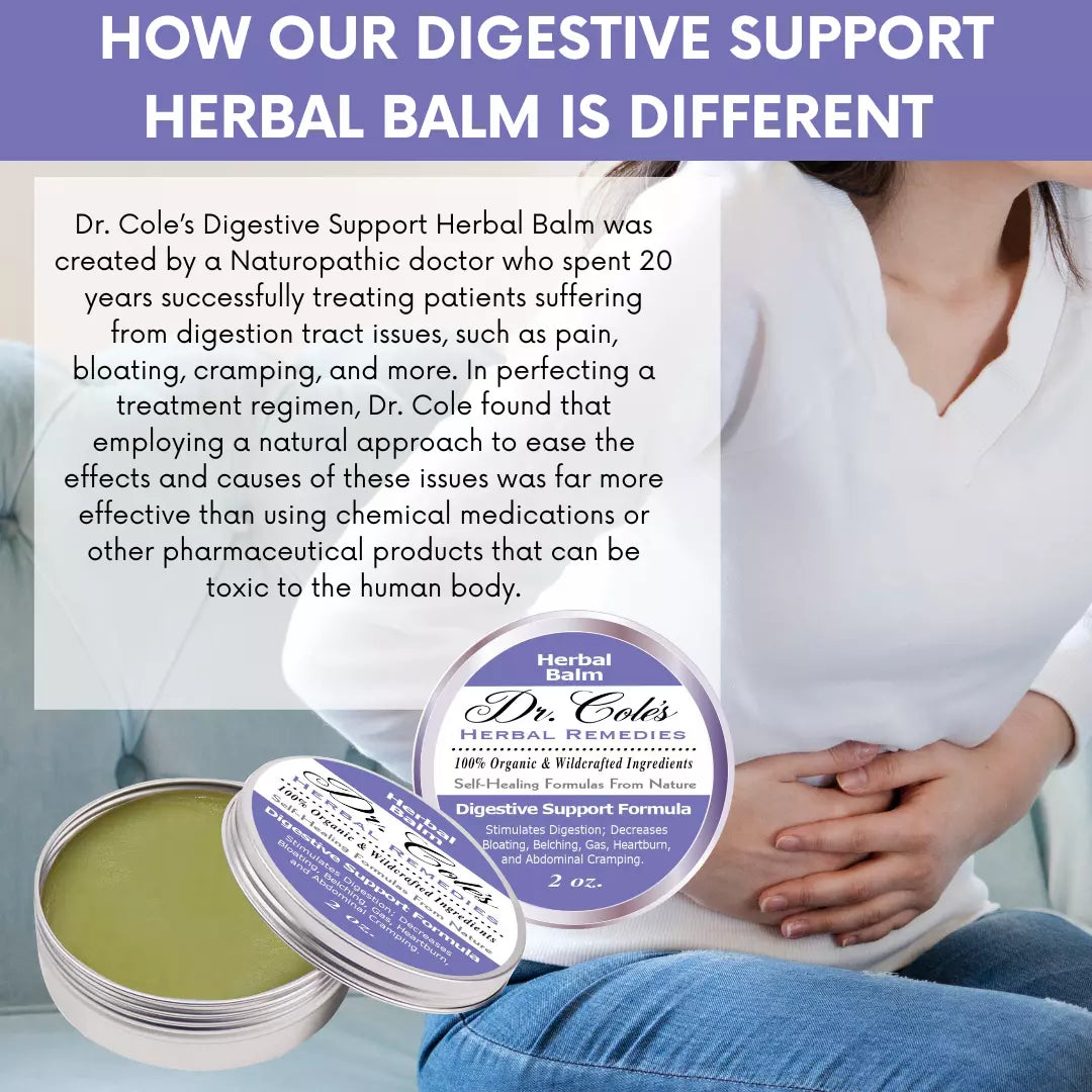 Dr. Cole's Digestive Support Herbal Balm with text about its creation and benefits.