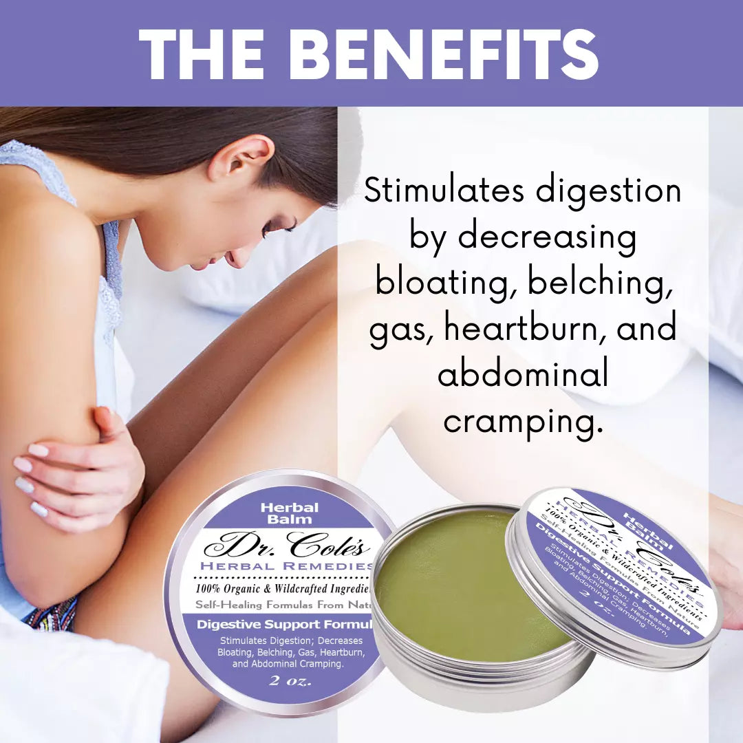 Dr. Cole's Herbal Digestive Support Balm with text about digestive benefits on a white background
