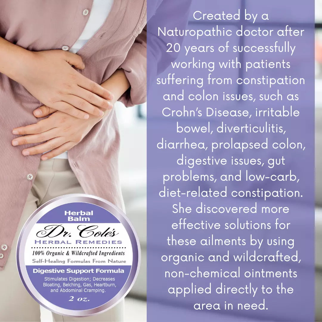 Person holding their stomach with a container of Dr. Cole's Herbal Digestive Support Balm on a purple background.