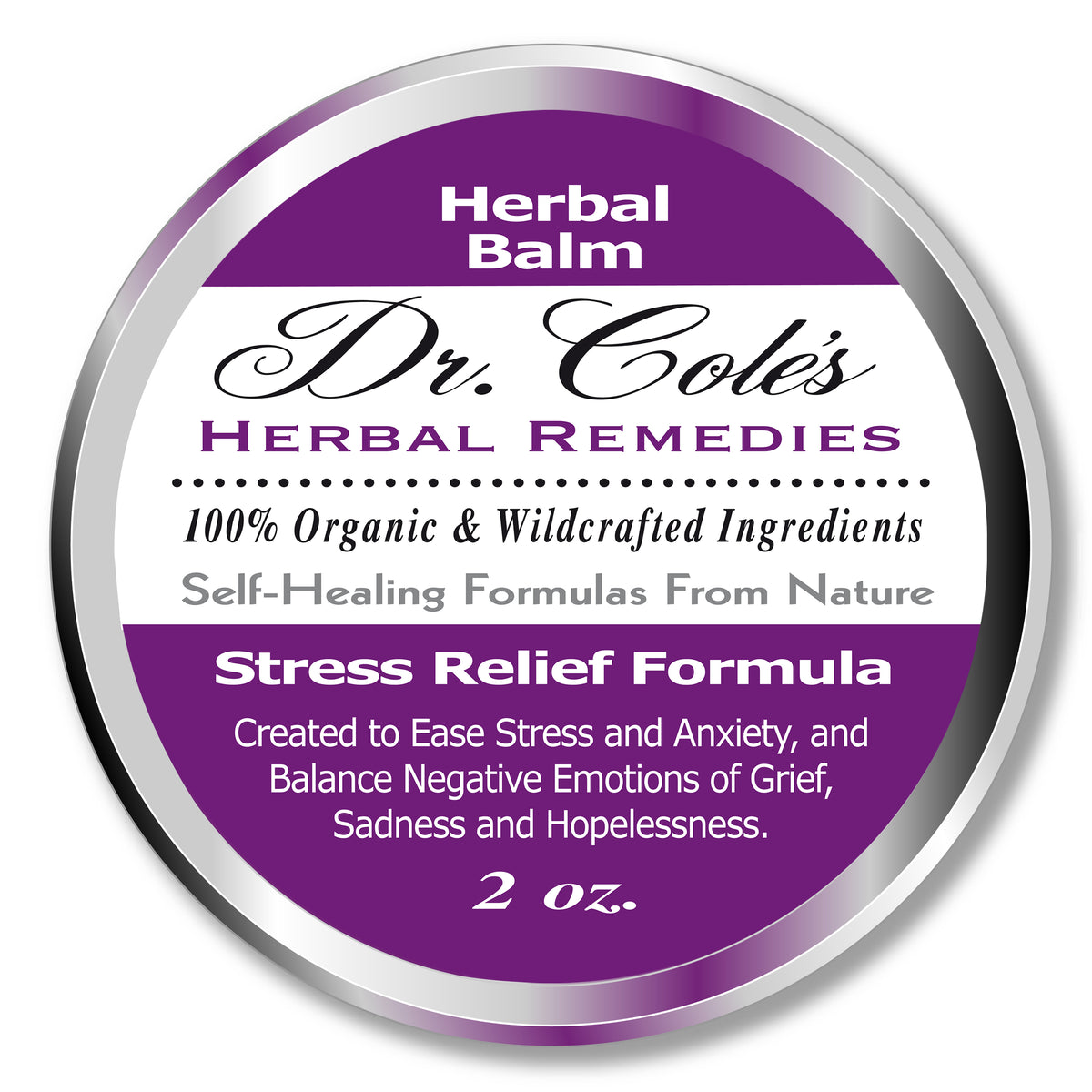 Label of Dr. Cole's Herbal Stress Relief Balm, indicating it is an organic stress relief product, 2 oz in size, with a list of herbal ingredients.