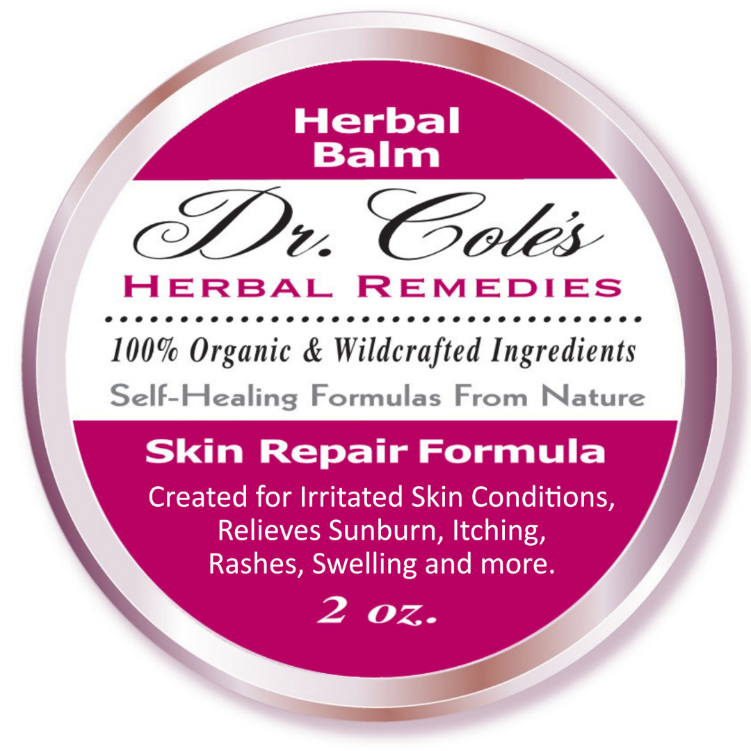 Label of Dr. Cole's Organic Skin Repair Herbal Balm, detailing the product as 100% Organic & Wildcrafted, for skin repair, in a 2 oz container.