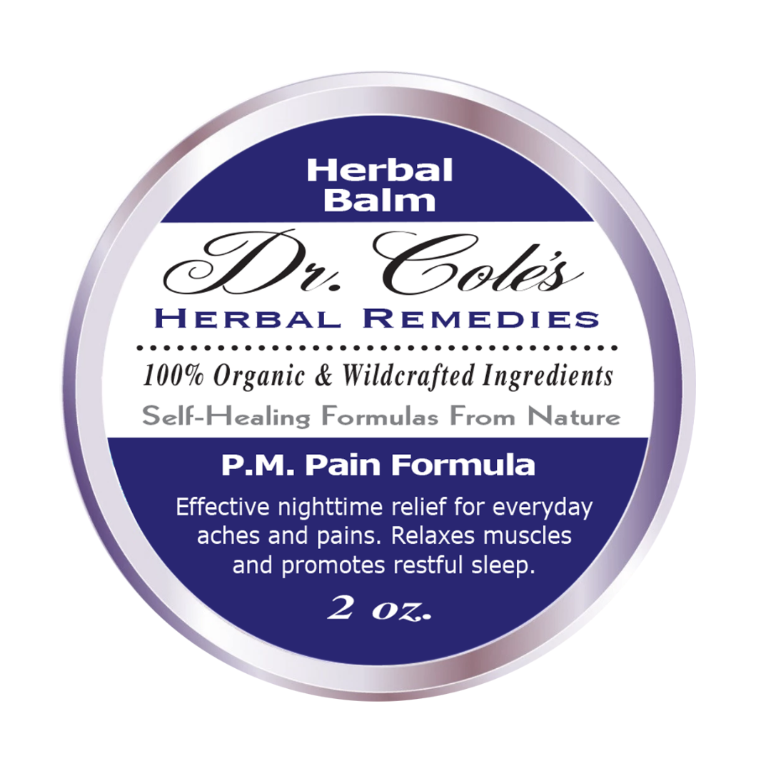 Label of Dr. Cole's Herbal Balm, indicating it is a P.M. Pain Herbal Balm, organic and non-toxic, with 2 oz. size.