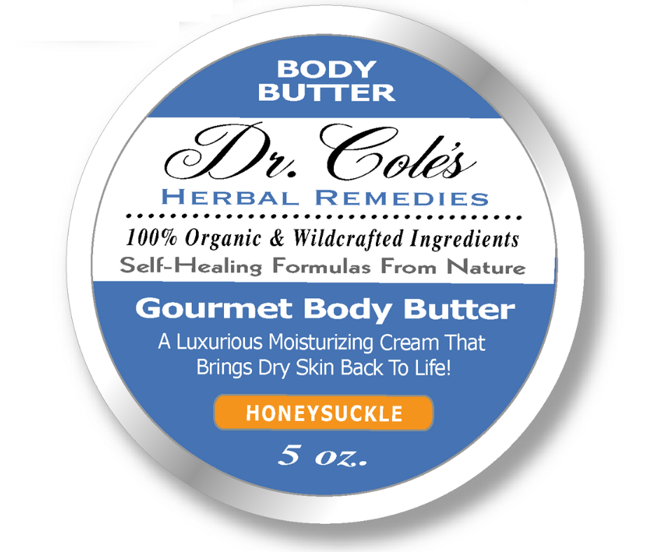 Label of Dr. Cole's Gourmet Body Butter Honeysuckle in a jar, with honeysuckle as the flavor, highlighting organic and wildcrafted ingredients.