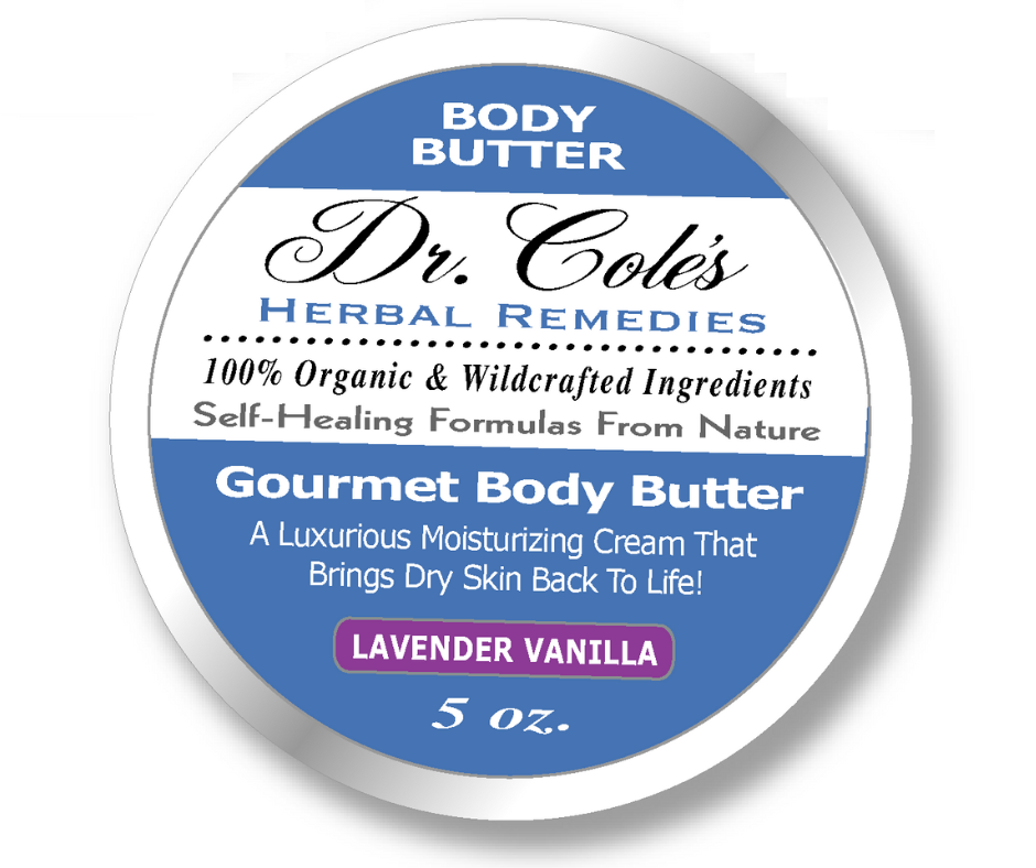 Label of Dr. Cole's Gourmet Body Butter Lavender Vanilla scent, indicating it is a luxurious moisturizing cream with organic and wildcrafted ingredients.