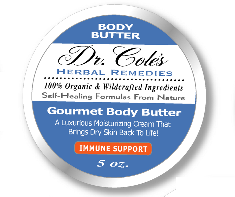 Dr. Cole's Herbal Remedies Body Butter Immune Support container with text on a white background