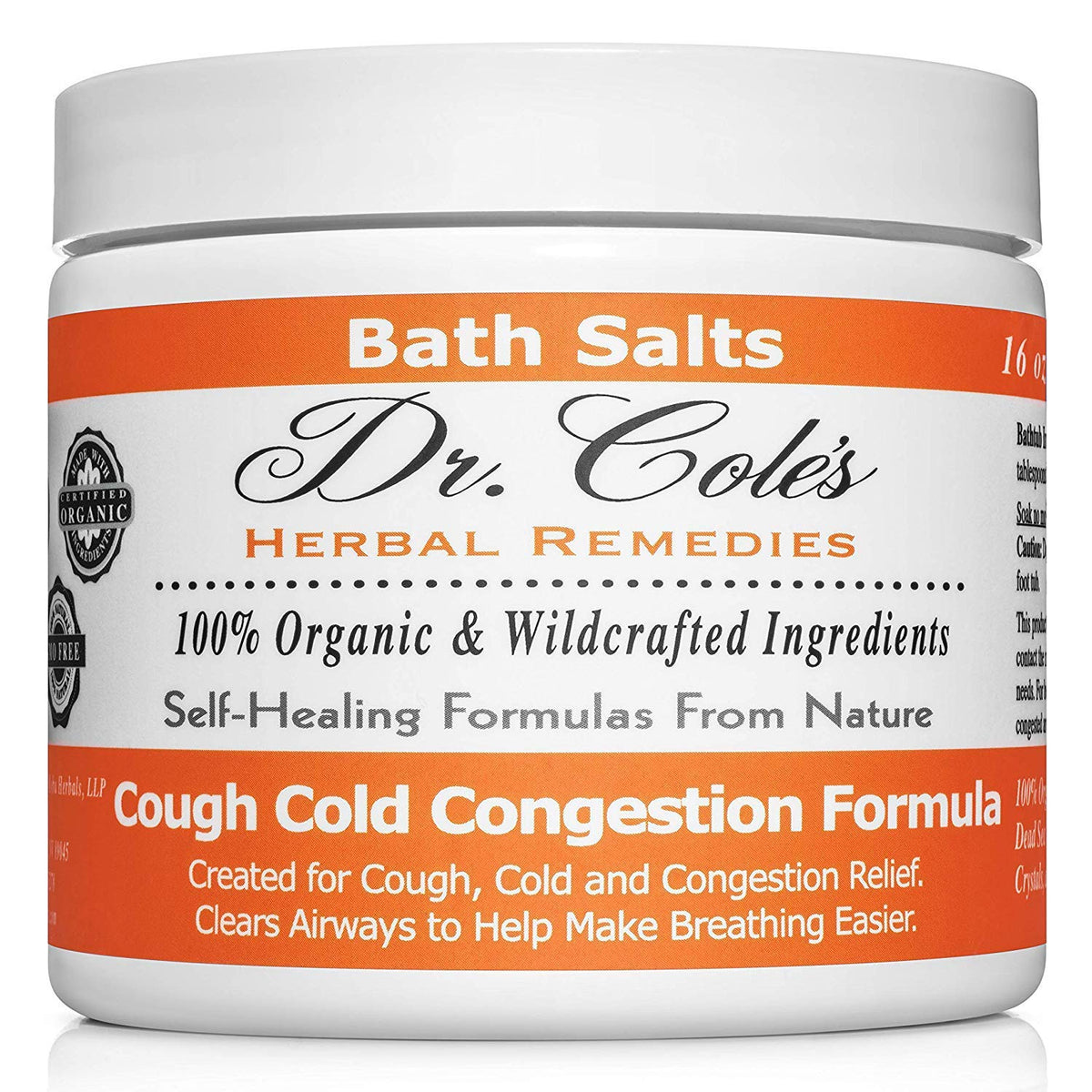 A container of Dr. Cole's Herbal Remedies Cough Cold Congestion Bath Salts, which is a bath salt product for relieving cough, cold, and congestion.