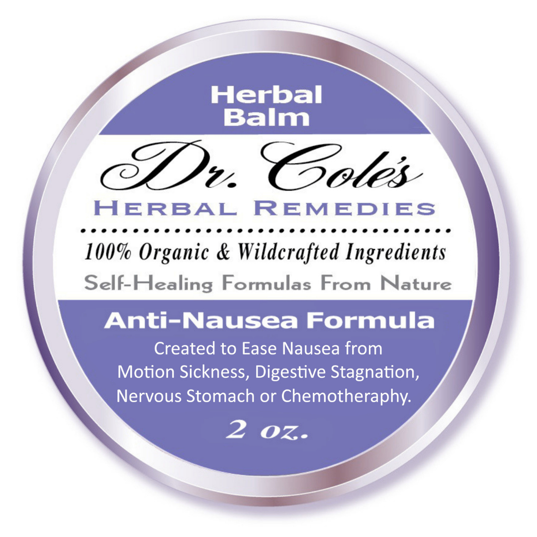 Label of Dr. Cole's Organic Anti-Nausea Herbal Balm, detailing the product as a 2 oz container, 100% organic and wildcrafted ingredients, and its use for easing nausea.
