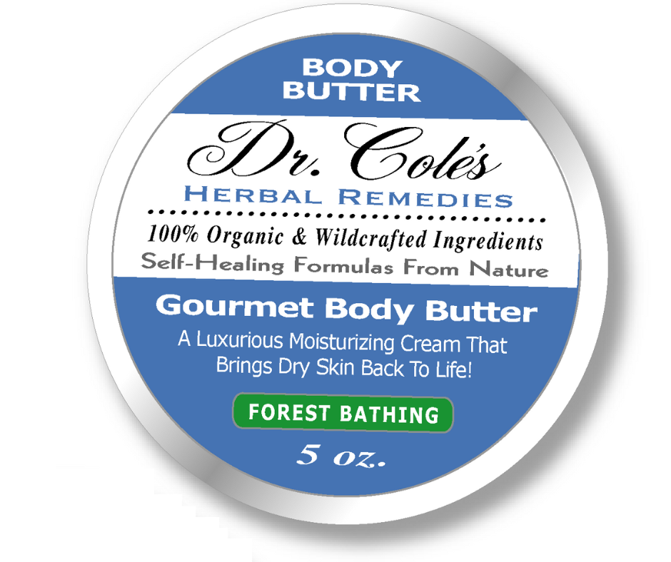 Dr. Cole's Herbal Remedies Gourmet Body Butter Forest Bathing container with blue and white label.
