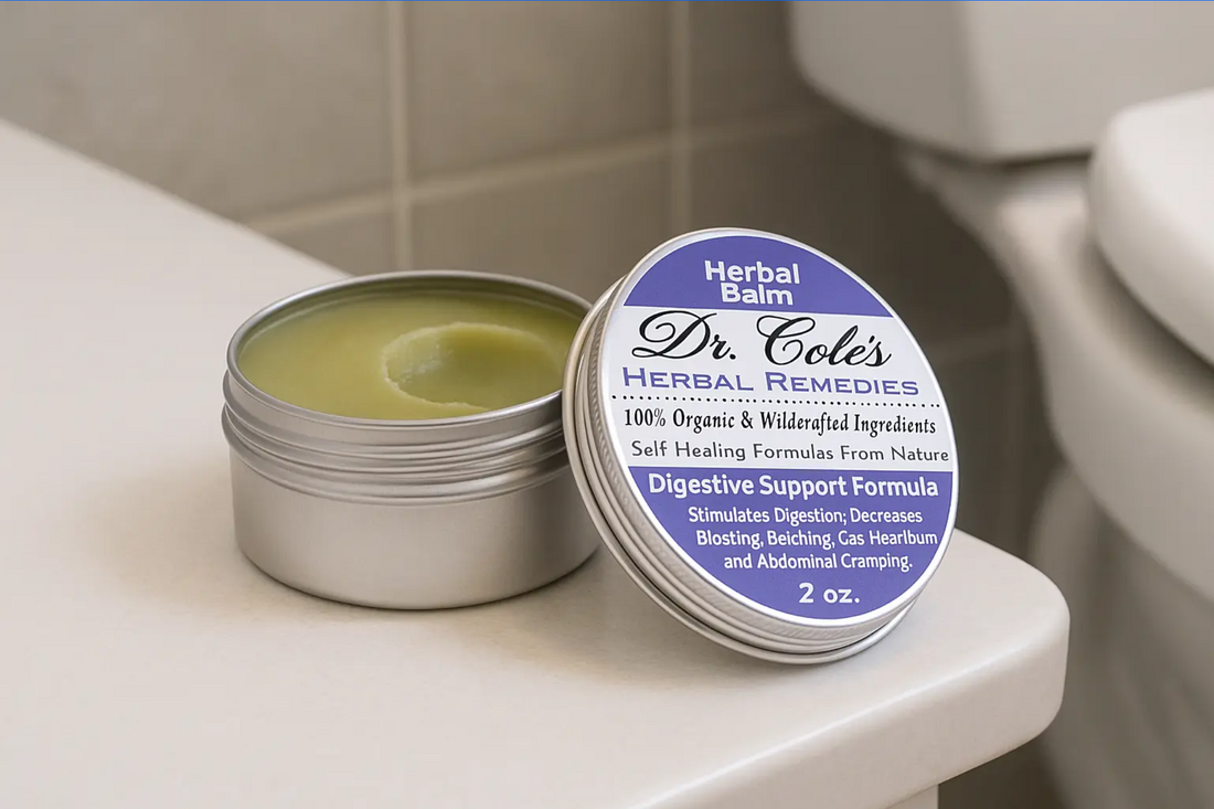 Digestive Support Formula on countertop in a bathroom