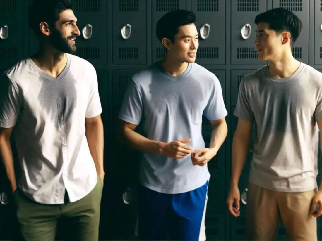 Fungal infections can happen in gym. The image is showing three men in a locker room setting.