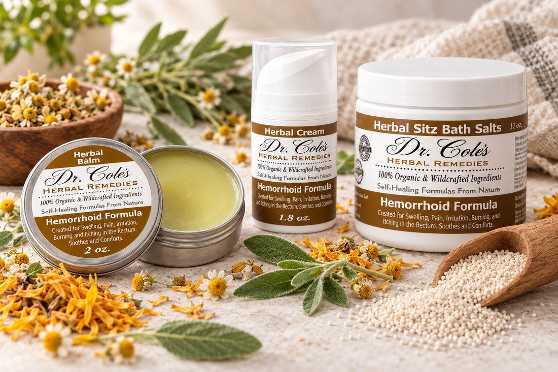 Dr. Cole’s Herbal Remedies hemorrhoid balm, herbal cream, and sitz bath salts displayed with calendula, chamomile, and fresh herbs.