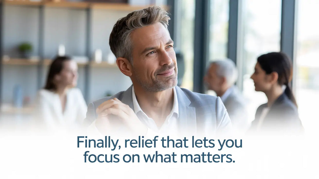 Man sitting comfortably with the text Finally, relief that lets you focus on what matters.