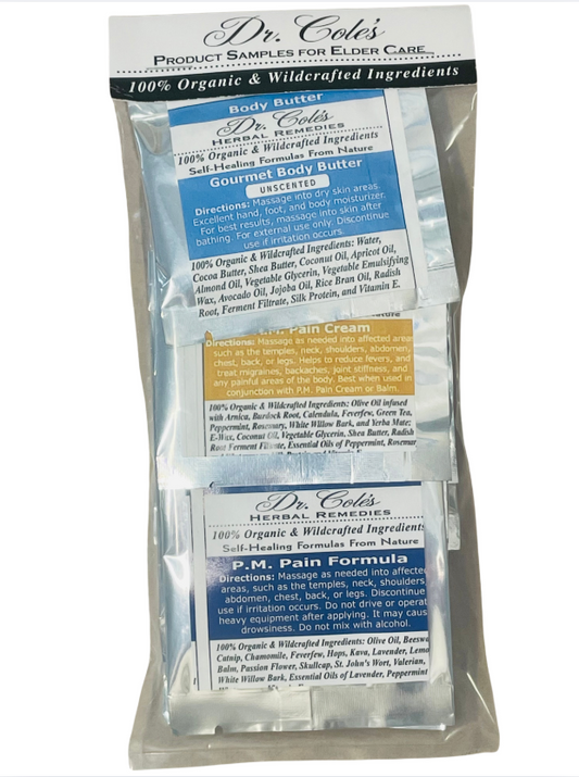 Dr. Cole's product samples for elder care including body butter, cream, and pain formula.