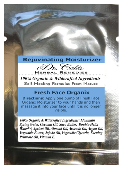 Packaging of Dr. Cole's Rejuvenating Moisturizer Fresh Face Organix Cream with blue label on metallic background