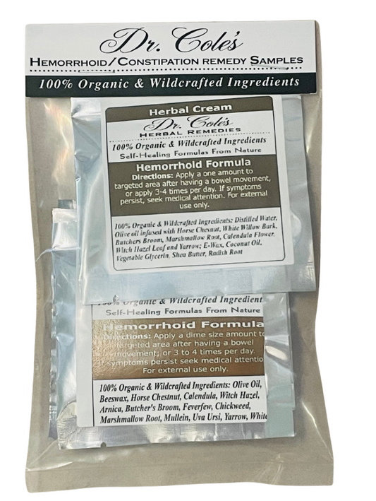 Dr. Cole's Hemorrhoid/Constipation Remedy Samples packaging with text on a white background