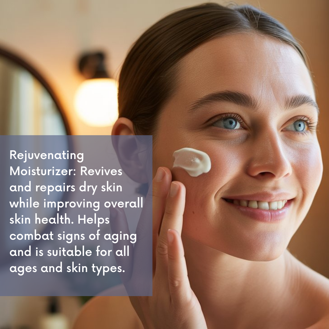 Woman applying moisturizer to her face with a text overlay about the product's benefits.