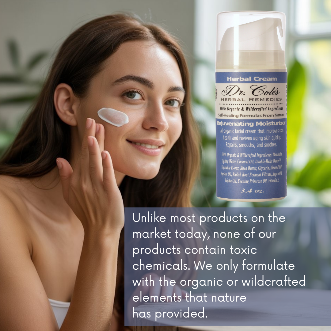 Woman applying cream to her face with a bottle of Dr. Cuts Herbal Cream in the background.