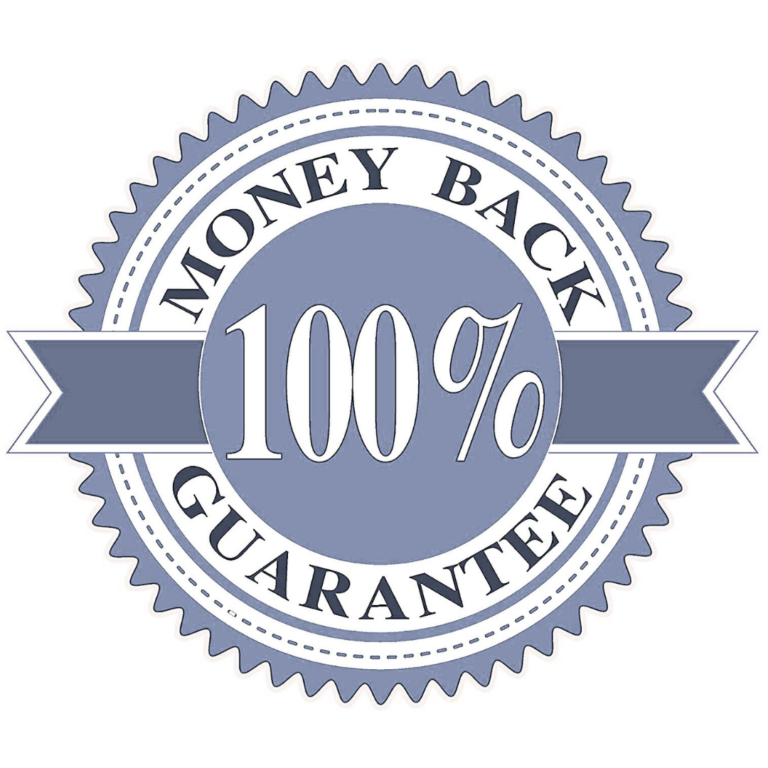 100% money back guarantee badge on a white background