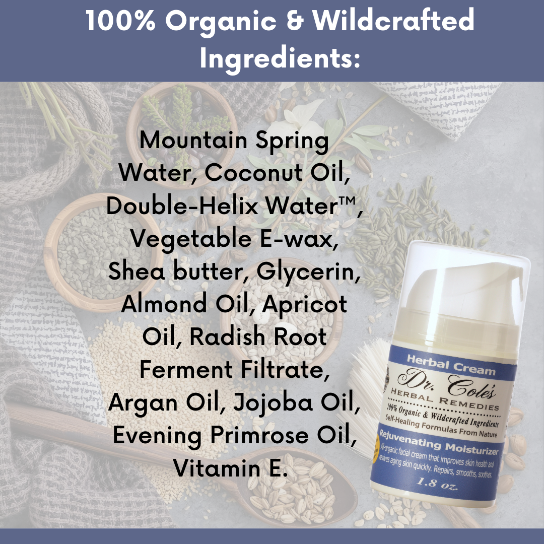 Dr. Colds  Rejuvenating Facial Moisturizer Herbal Cream with list of organic and wildcrafted ingredients on a natural background