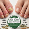 A close-up of a person's feet with one visibly damaged toenail and four healthy nails, alongside a round tin of Dr. Cole's Herbal Remedies 'Athlete's Foot Formula' and text overlays explaining the problem and solution.